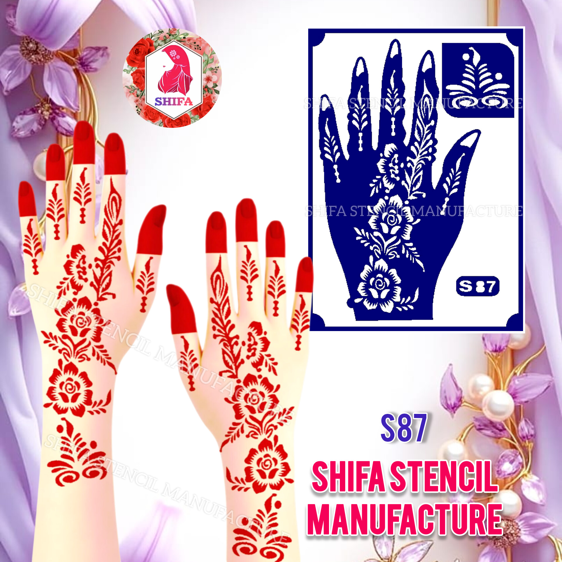 S 87 Classic Rose Trail Design Sticker Overview  Henna Stencil - Shifa Stencil
